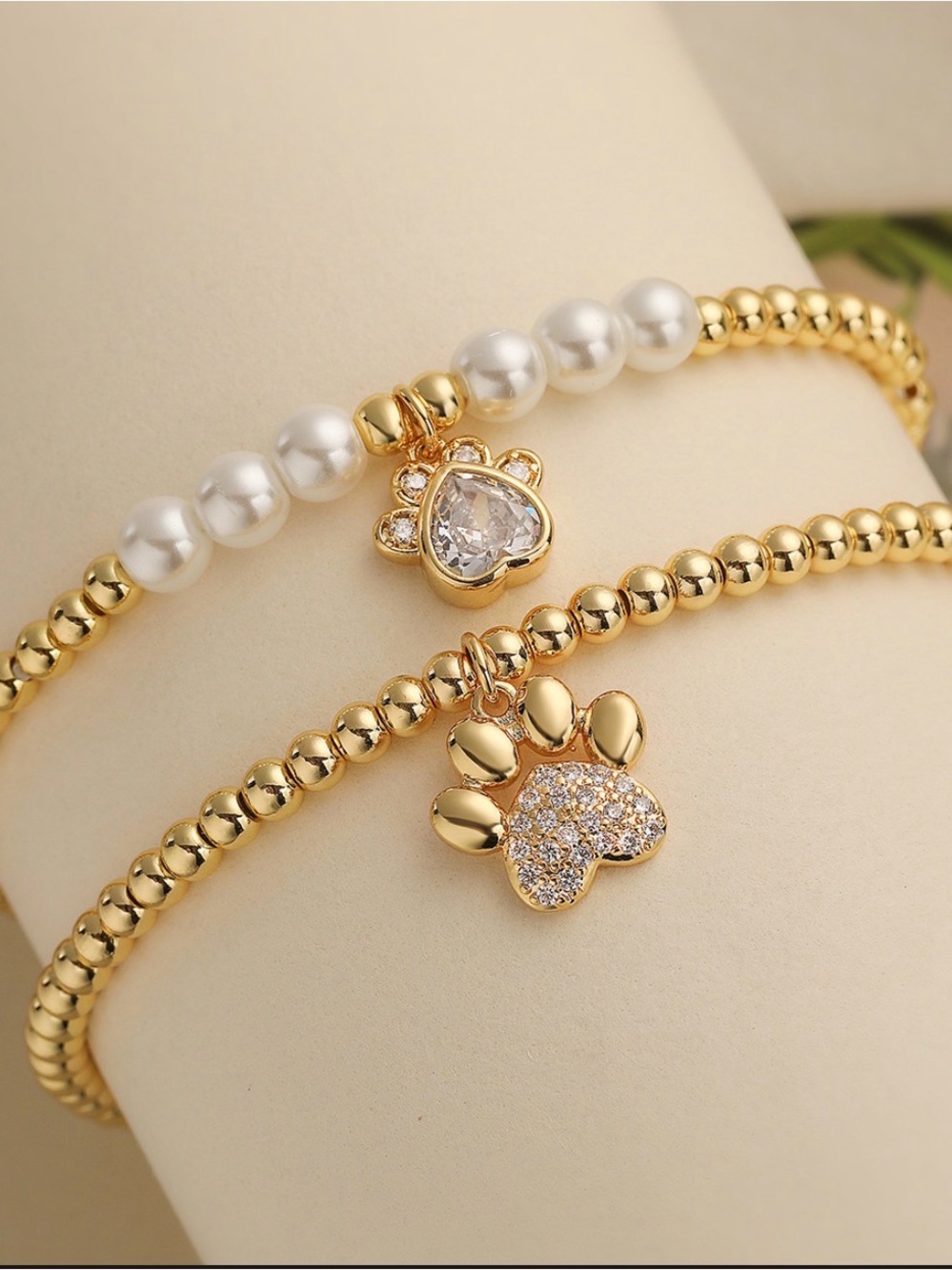 Gold Paw Charm Bracelet Set with Pearls